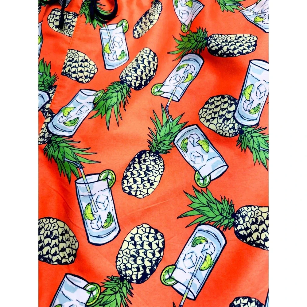 Island Passport 3XL Mens Swim Trunks Pineapple Cocktail Print Mesh Lined Orange